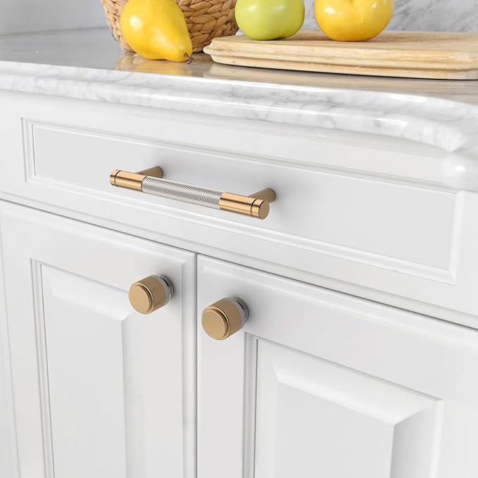 Amerdeco 10 Pack Champagne Bronze and Brushed Nickel Knurled Cabinet Pulls 3.75 Inch Hole Center to Hole Center Kitchen Cabinet Handles for Drawer Dresser, Cupboard and Wardrobe ZH0040