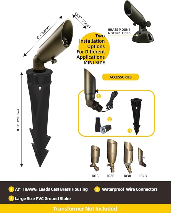 COLOER Mini Size Die-cast Brass Landscape SpotLights Outdoor,12Volt AC/DC Low Voltage Landscape Lighting,IP65 Waterproof Outdoor Adjustable Yard Spotlight with Stake(104B,Bronze,1-Pack Without Bulb)