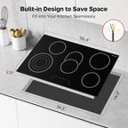 ThermoMate 36 Inch Electric Cooktop 5 Burners, 36" Built in Radiant Electric Stove Top, 8500W Ceramic Cooktop with Touch Control, 9 Heating Level, Chlid Lock & Timer, 220-240V Hard Wire ETL Listed