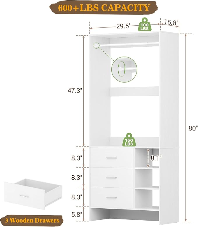 Aheaplus 2.5FT Closet System with 3 Drawers, 29.5’’ Closet Organizer, Wood Closet Organizer System, Walk-in Closet or Small Closets Wardrobe, Clothes Rack with Hanging Rods,-E6, White