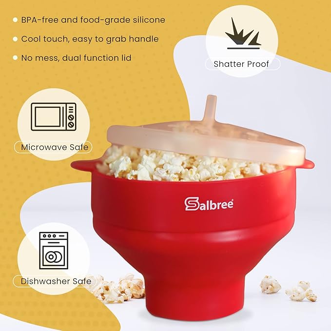 The Original Salbree Collapsible Silicone Microwave Popcorn Popper Maker Machine, Microwavable Bowl Holds 16 Cups, Uses Hot Air and Oil Always Optional - The Most Colors Available (Purple)