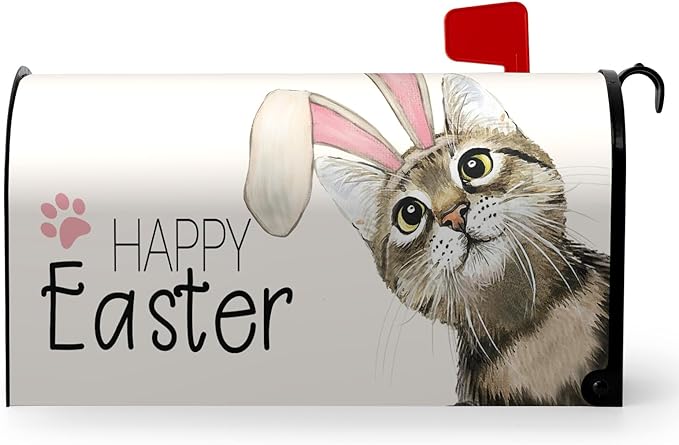 Happy Easter Mailbox Covers Magnetic Large Size 25.5 x 21 Inch Easter Cat with Bunny Ears Mailbox Cover Oversized Post Box Wraps Decorations for Spring Garden Yard