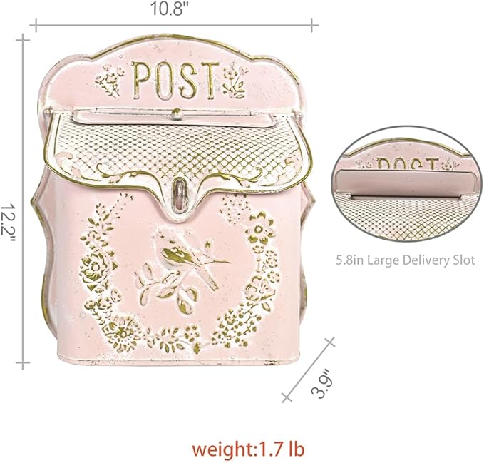 Mailbox Wall Mount Mailboxes for Outside Vintage Mail Boxes for House Outside Metal Drop Box Antique Style Nostalgic Charm Home Decorative, Bird Pattern, Pink