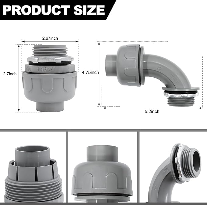 1-1/2 inch PVC Flexible Conduit Connector UL Listed Conduit Connector Fittings 12 Pack (8 Pcs 180D/4 Pcs 90D)