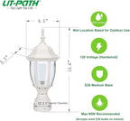 LIT-PaTH Outdoor Post Lighting Fixture Pole Lantern, E26 Medium Base Max 60W, Aluminum Housing Plus Glass, Matte White Finish, 1-Pack