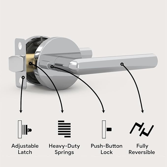 Mega Handles Ronn Privacy Door Handle - 3 Pack Reversible Chrome Door Handles, Heavy Duty Bed & Bath Door Handles with Privacy Door Lock, Fits All Standard Doors - Polished Chrome