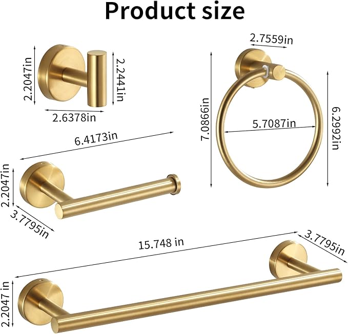 Bathroom Hardware Set Brushed Gold, 10pcs Towel Bar Set Including 2pcs16 inch Towel Bars, Toilet Paper Holders, Towel Rings and 4pcs Robe Towel Hooks