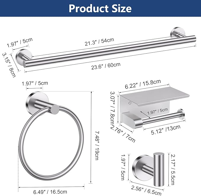 TQKAG 5 Piece Bathroom Towel Bar Holder Sets Brushed Nickel Bathroom Hardware Set Stainless Steel Toilet Paper Holder with Shelf Bathroom Accessories Kit Wall Mounted