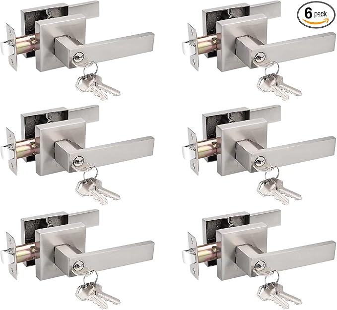 Probrico 6 Pack Interior Bedroom Entrance Door Lever Doorknobs Door Lock One Keyway Entry Keyed Alike Same Key Entrance Lockset in Satin Nickel Each with 3 Keys