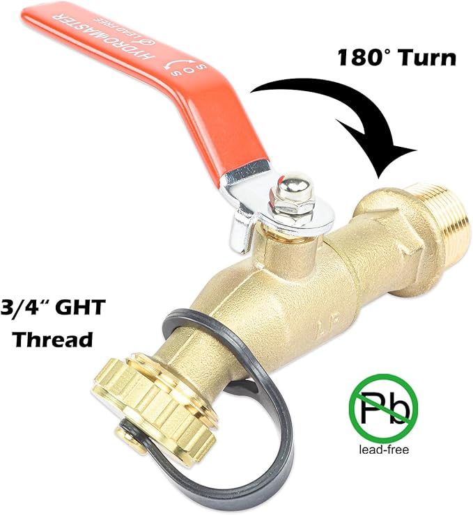 Full Port Brass 3/4" MNPT Water Heater Drain/Flush Ball valve(2 inch Shank, LF Compliant, 180 Degree Handle, w/Garden Hose Cap)