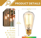 Jslinter Incandescent Light Bulbs 60 Watt Dimmable Bulbs 4 Pack, 2200K ST58 Soft Light Bulbs Warm Light, 110v E26 Eecorative Light Bulb, Vintage 230LM Edison Bulb for Bedrooms, Living Rooms