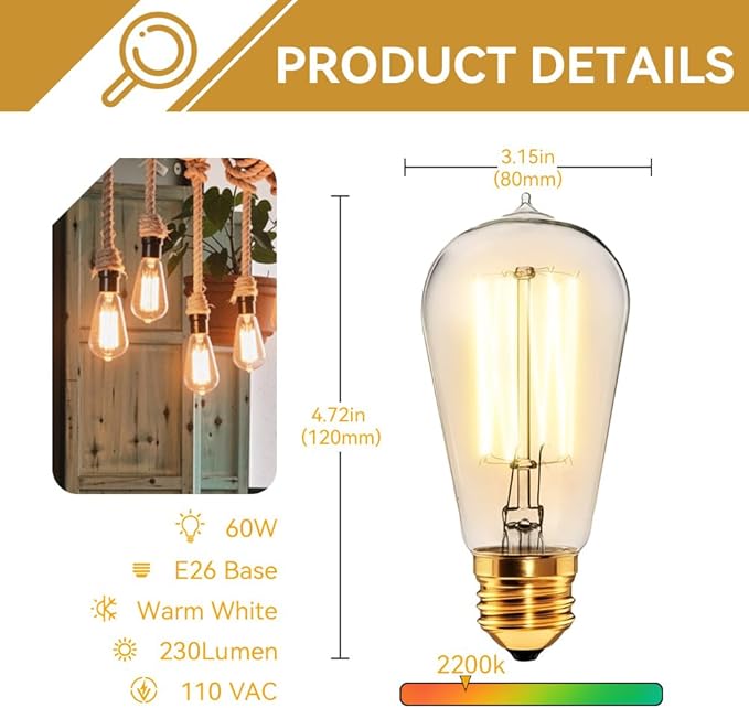 Jslinter Incandescent Light Bulbs 60 Watt Dimmable Bulbs 4 Pack, 2200K ST58 Soft Light Bulbs Warm Light, 110v E26 Eecorative Light Bulb, Vintage 230LM Edison Bulb for Bedrooms, Living Rooms