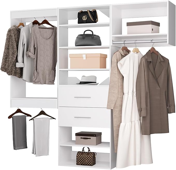 ROOMTEC Modular Closet System, 84" Wall Mounted Modern Closet Organizer with Hanging Rods and Drawers, Wooden Tower for Walk-In Closets, Wardrobe Storage Kit, White