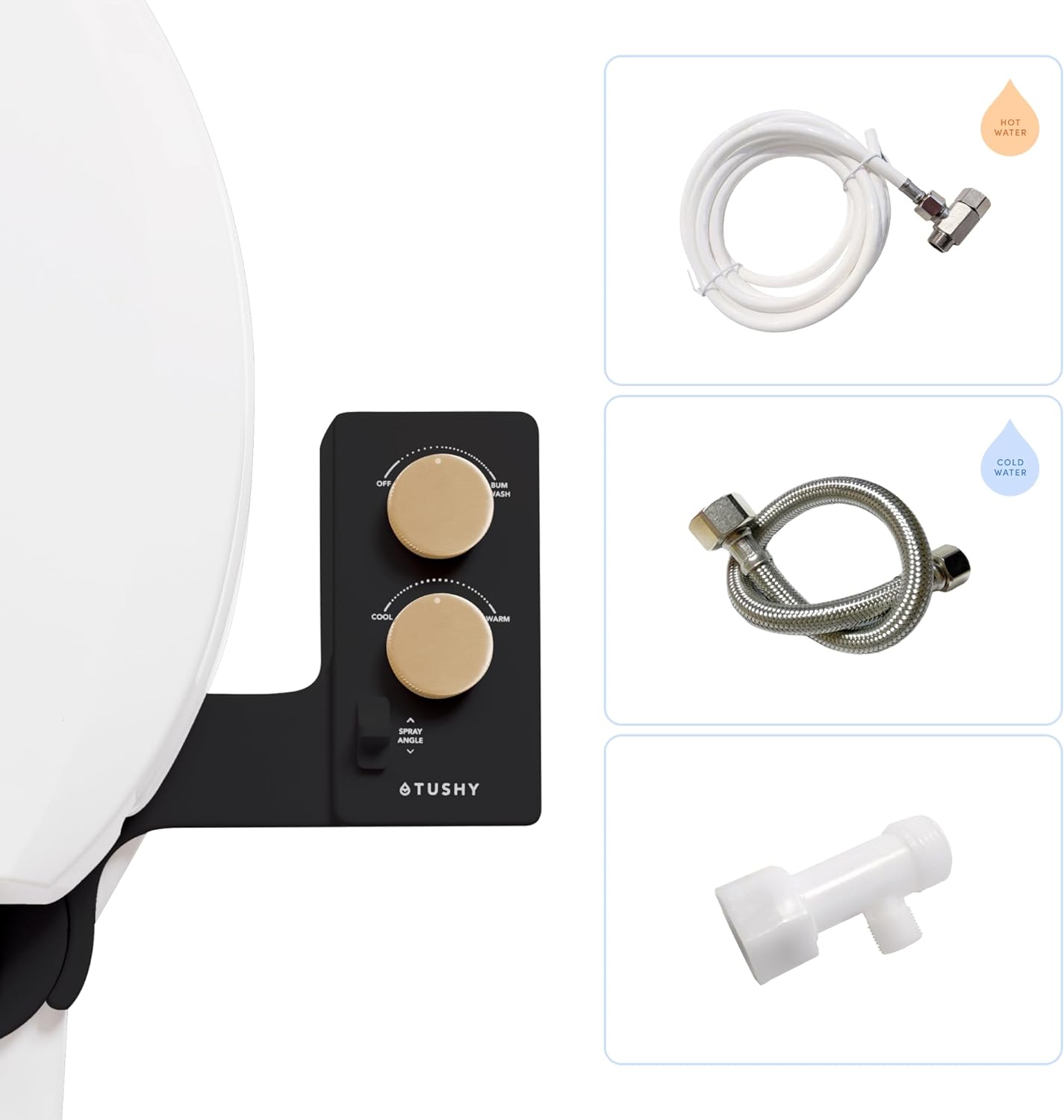 TUSHY 3.0 Spa Cool to Warm Water Bidet Attachment. Easy Universal Toilet Seat Install, Requires Sink Connection for Temperature Control. Fresh Self-Cleaning Clean Water, Noir/Gold