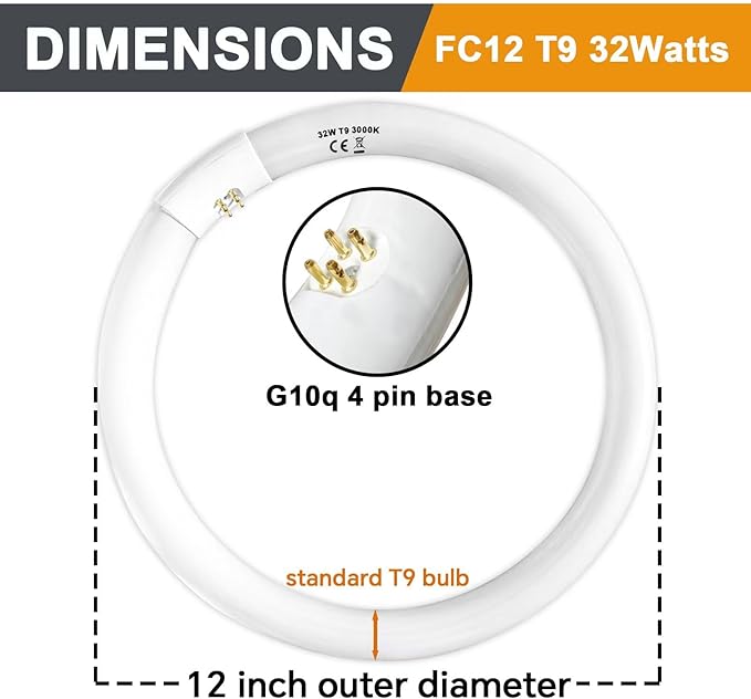 FC12T9/WW 32 Watt and FC8T9/KB 22W Set, 8 inch T9 22W and 12'' 32W Circular Fluorescent Light Bulbs Warm White, Circle Light Bulb 3000K, FC12T8/WW 3500 Lumen G10Q Base