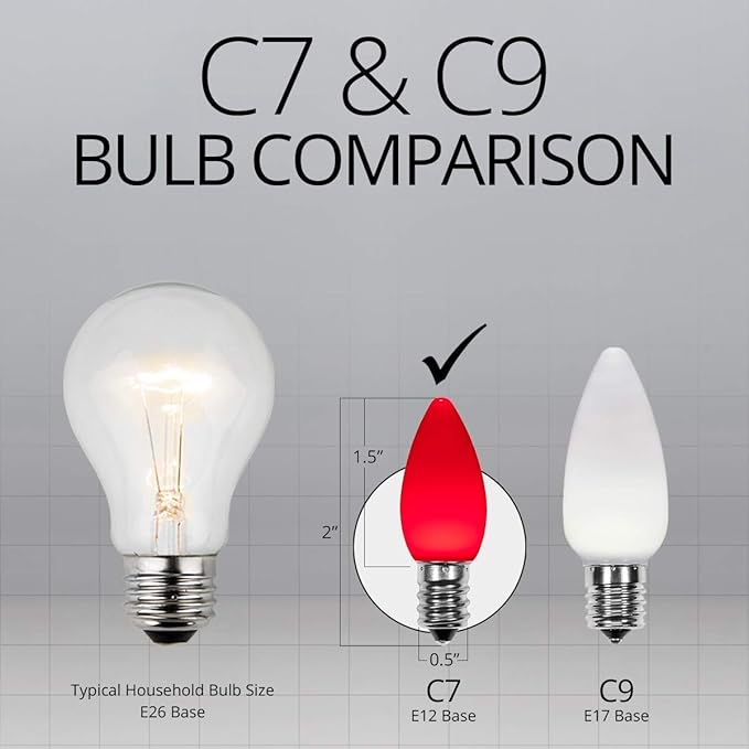 Wintergreen Lighting 25 Pack OptiCore C7 LED Christmas Light Bulbs - Replacement LED Christmas Lights Heavy Duty Premium Outdoor Christmas Lights, E12 Base (Red Smooth)