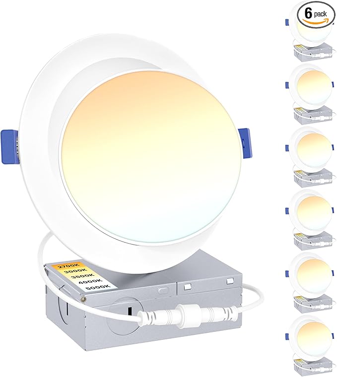 Ensenior 6 Pack 6 inch Gimbal Led Recessed Lighting, 90° Rotatable and 5CCT Selectable, Dimmable Eyeball Recessed Lights, Canless Angled Adjustable Ceiling Downlight, 1200LM, 12W=115W-FCC Certified