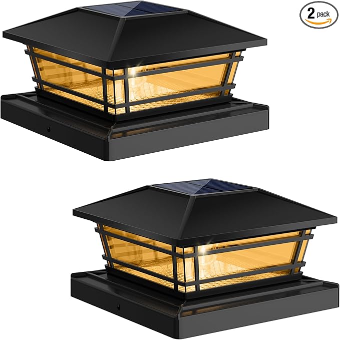 Solar Post Cap Lights Outdoor 2Pack [LED Bulb, 2 Brightness Setting] Fence Post Solar Lights Waterproof for 4x4 5x5 or 5.5x5.5 Wood Posts, Warm Bright Bulb Lighting for Garden Deck Yard