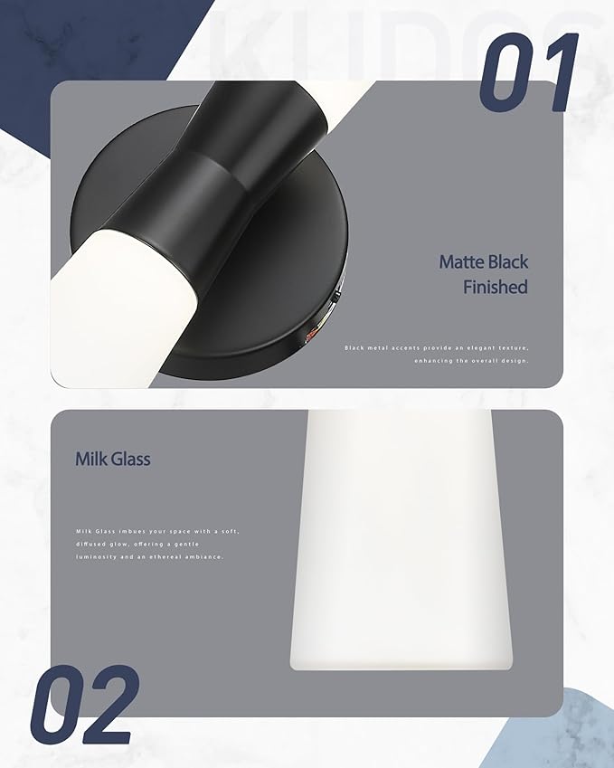 kudos Wall Sconces 16inches Black Vanity Light Fixtures, Modern Sconces Wall Lighting with Milk White Glass, Dimmerable 3000K/4000K/5000K for Bathroom Bedroom, KDVL13-BK