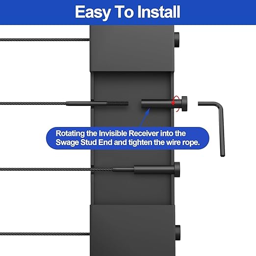 CKE 60 Pairs Black Invisible Cable Railing kit 1/8" Swage Tensioner Hardware and Terminal Hidden T316 Stainless Steel Invisible Receiver and Swage Stud End for 2"x2" 4"x4" Wood/Metal Post Deck Stairs