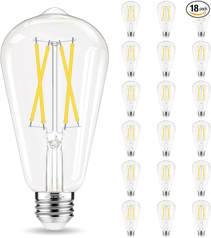 Edison Bulbs 60 watt Equivalent LED, E26 Bulb Non-Dimmable, Cool White 4000K, ST58 Vintage Light Bulbs, 90+ CRI, 6W 600LM, E26 Medium Base, Clear Glass, 18 Pack