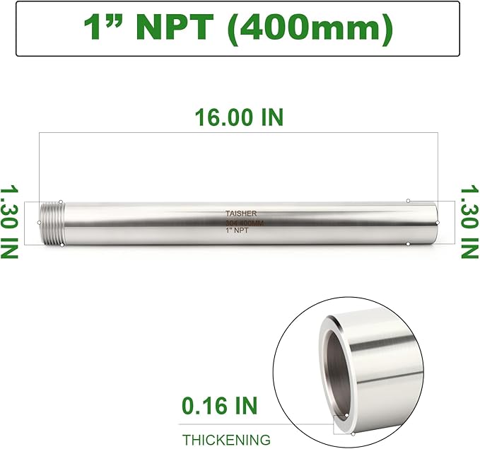 TAISHER 1PCS 304 Stainless Steel Pipe Fittings, 1" NPT Male Threaded, 16" Length Weld Nipple Cast Pipe