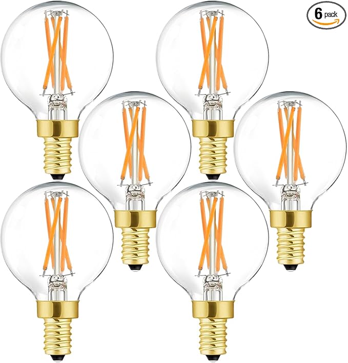 G16.5 E12 Globe Bulbs 6W Dimmable Candelabra Light Bulb 60 watt E12 Round 2700K Warm White Globe Bulb for Chandeliers,Ceiling Fan,Pendant,Wall sconces,AC120V,Clear Glass,600LM,6Pack