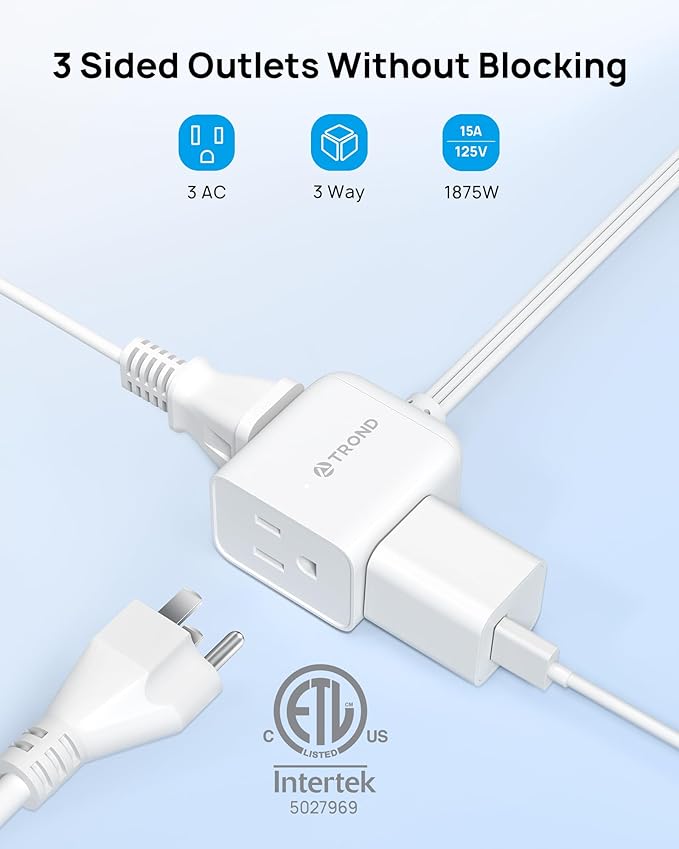 TROND Flat Outlet Extender with 6 Inch Cord - ETL Listed Flat Plug Extension Outlet Splitter Adapter, Electrical 3 Way Multi Wall Plug Extender for Home Office Dorm Room Cruise Ship Travel, White