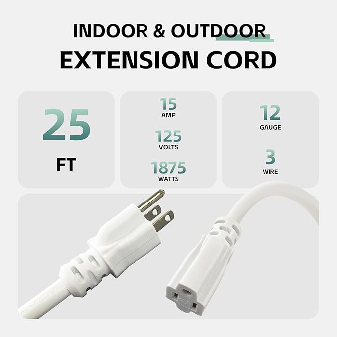 25 Ft Outdoor Extension Cord - 12/3 SJTW Heavy Duty White Extension Cable with 3 Prong Grounded Plug - Power Cord for Lawn, Garden, Appliances