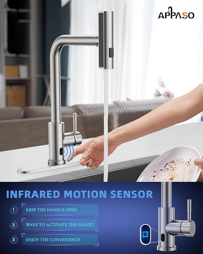 APPASO Touchless Kitchen Faucet with Pull Down Sprayer, Waterfall Motion Sensor Kitchen Sink Faucet Touchless, Brushed Nickel Stainless Steel Single Handle Hands-Free Sink Faucet