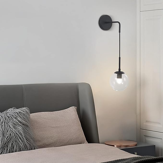 KCO Lighting Black Globe Wall Sconce Set of 2 Mid Century Modern Wall Light with Clear Glass Shade Vintage Adjustable Wall Lamp for Bathroom Mirror Bedside Stairs (Clear)