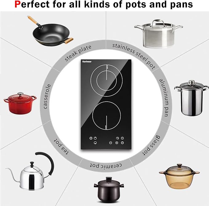 Karinear 2 Burner Electric Cooktop 12 Inch, Drop-in Electric Radiant Cooktop 220v - 240v with Child Safety Lock, Timer, Residual Heat Indicator, 3200W, Hard Wired, No Plug Electric Stove Top
