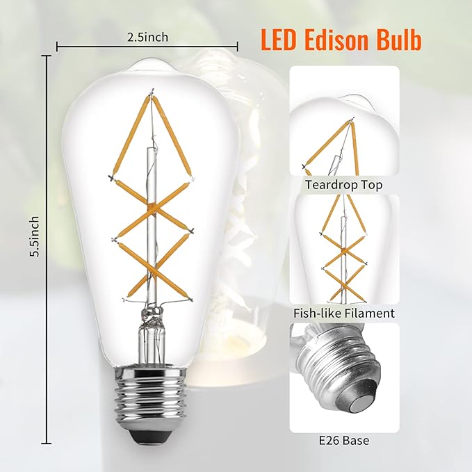 OMED Fishbone Filament LED Edison Bulbs, 60 Watt Equivalent ST64 E26 Dimmable Vintage Light Bulbs, 600Lumen 4000K Daylight White Spiral Old Fashioned Light Bulbs for Dining Room and Island Kitchen