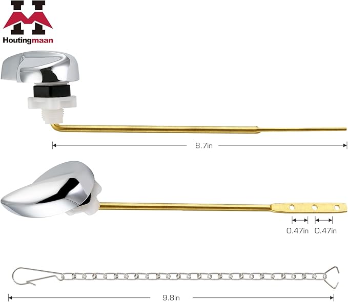 Houtingmaan Toilet Handle Replacement Kit,Toilet Handle Lever for Most Front Mount Toilets, Universal Brass Toliet Flush Handle Lever with Stainless Steel Flapper Chain,Chrome