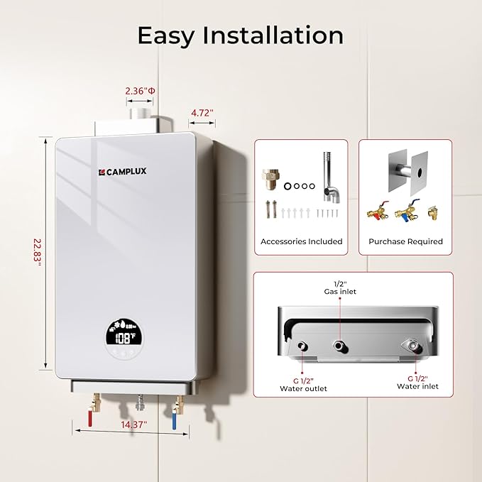 CAMPLUX Propane Tankless Water Heater 3.18 GPM, 82,000 BTU Instant On Demand Propane Hot Water Heater with Glass Panel Residential for 2-3 Points Use, White