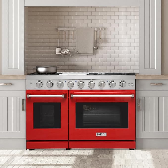 48 Inch Pro-Style Propane Gas Range with 6 Burners & 1 Griddle Cooktop, Double 4.6 cu. ft. and 2.2 cu. ft. Oven, in Stainless Steel - KOS-48RG03MLP (Red)