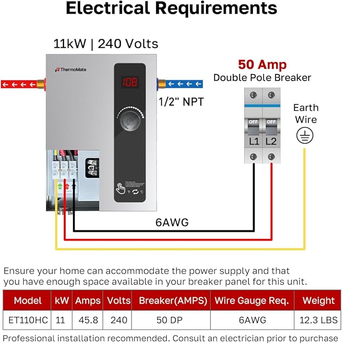 ThermoMate Tankless Water Heater Electric, 11kW 240 Volt On Demand Instant Hot Water Heater for Point of Use, Self-Modulating LED Display Knob Control, ETL Certified, 2.15GPM at 35°F Rise