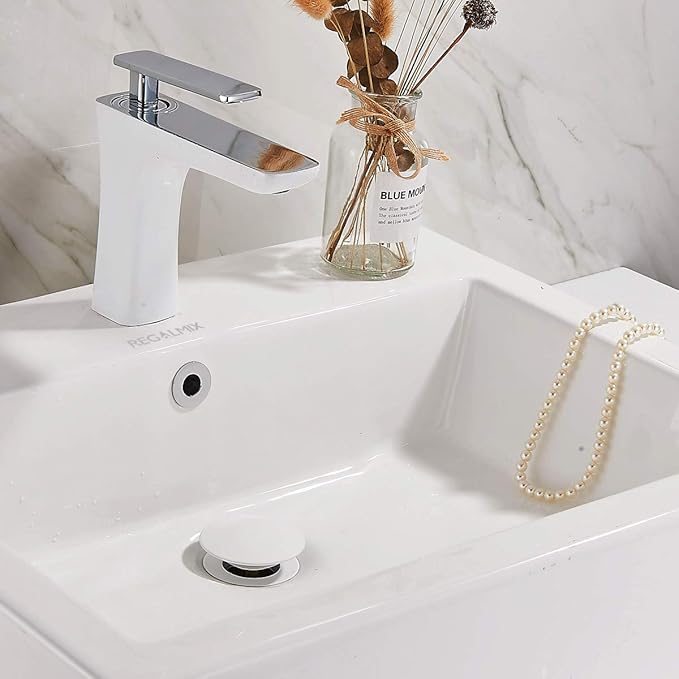 Vessel Sink Drain, Bathroom Faucet Vessel Sink Pop Up Drain Stopper, Built-in Anti-Clogging Strainer, with Overflow White, Fits Standard American Drain Hole(1-1/2" to 1-3/4") RWF083N