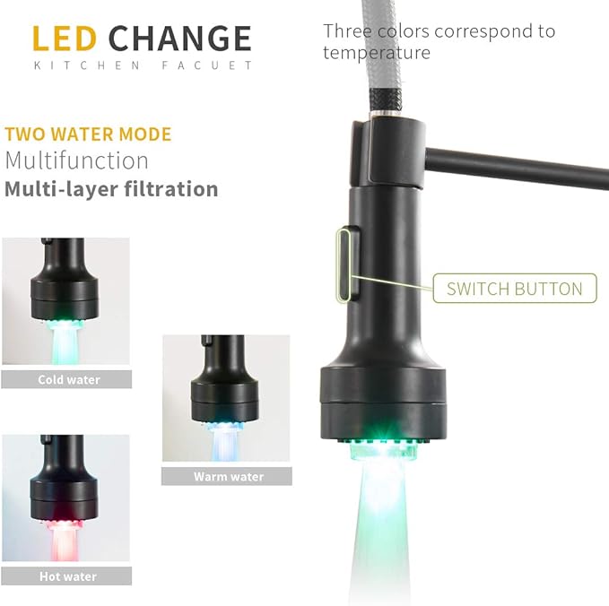 AIMADI Kitchen Faucet with Sprayer, Modern Single Handle Pull Down Sprayer Spring Matte Black Kitchen Sink Faucet with LED Light