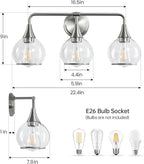 Brushed Nickel Bathroom Vanity Light 3 Lights Bathroom Light Fixtures Over Mirror with Clear Glass Shade 22.4 inch Wall Sconces Lighting Bath(Exclude E26 Bulb)
