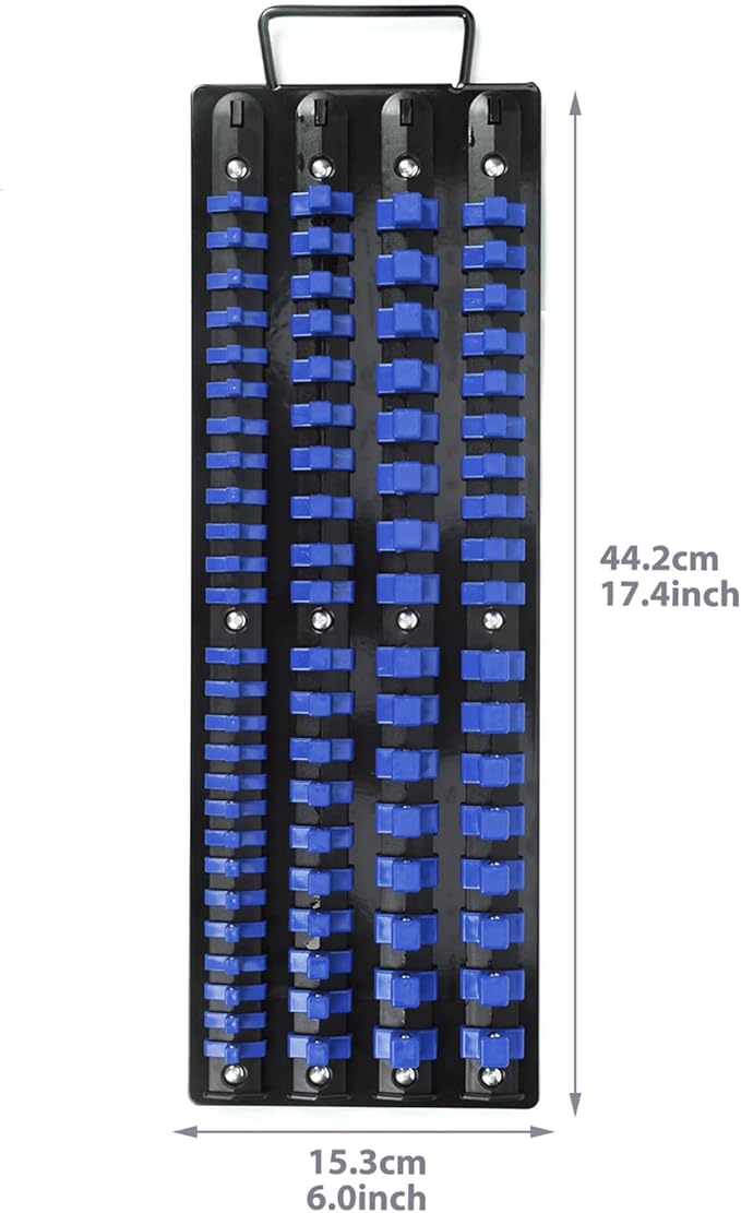 CASOMAN 80-Piece Heavy Duty Socket Organizer Tray, 1/4-Inch, 3/8-Inch, 1/2-Inch,Premium Quality Socket Holders,Black Rails with Blue Clips, Best Unique Tool Gift for Men