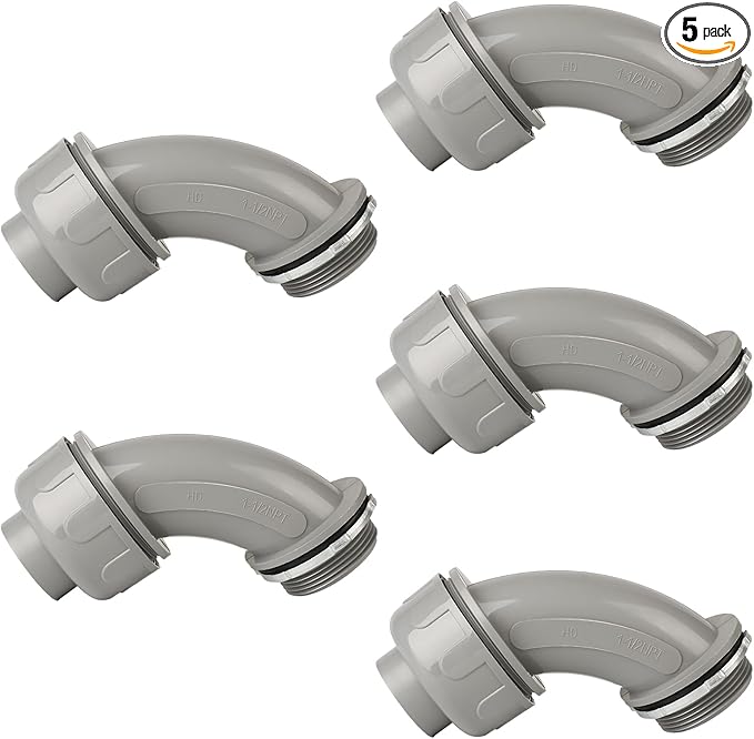 Conduit Connectors, 1-1/2 Inch Liquid Tight Connector NPT Non-Metallic for PVC Electrical Flexible Conduit Fittings, 90 Degree, UL Listed for Home Outdoor Tubes Tools, Grey (5-Pack)