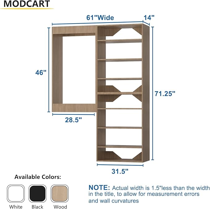 Modular Closet System, 61" Wide Closet Organizer System with Towers and Hanging, Wood Closet Tower Storage for Walk In Closets, Wall Mounted Wardrobe Organizer Kit System, Bedroom, Wood