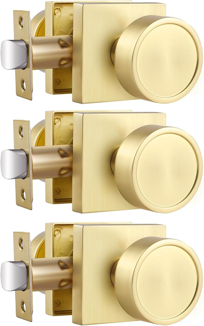 Haidms Gold Passage Door Knobs Interior, Zinc Alloy Brushed Gold Closet Door Knobs, Heavy Duty Round Brushed Brass Doorknobs for Hall Closet,Hallway(3 Pack)