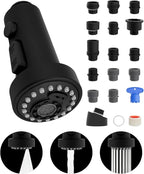 Hibbent Pull Down Kitchen Faucet Head Replacement, 3 Function Sink Faucet Sprayer Head Nozzle with 15 Adapters, Compatible with Moen, American Standard, Delta, Kohler Faucets, Matte Black