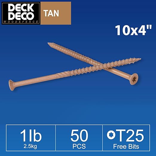 Wood Screws #10 x 4 50pcs(Approx), Tan Ruspert Coating Exterior Deck Screws, Torx/Star Drive Flat Head,Twist Shank, Cut Tip/Thread, Bit Included, 1 lb/Box