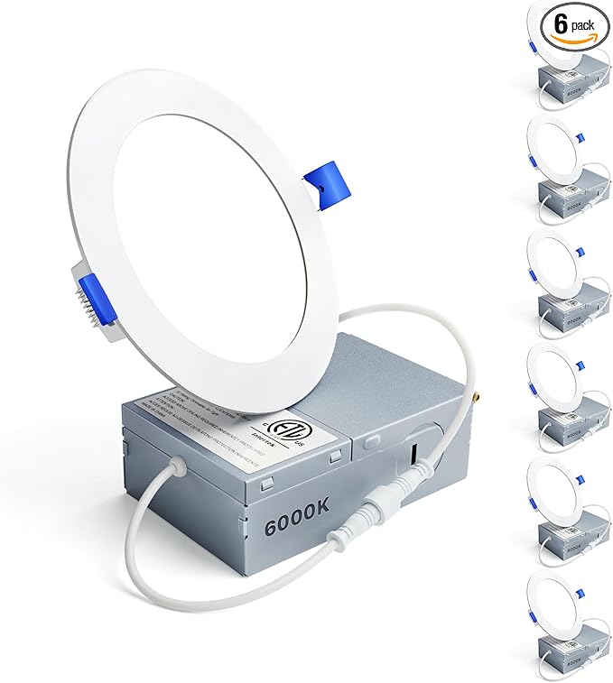 Ensenior 6 Pack 4 Inch LED Recessed Light, Dimmable, 6000K Clear White, 750LM High Brightness, 9W 120V, Damp Rated, Ultra-Thin Canless Wafer Ceiling Light - ETL & FCC & IC