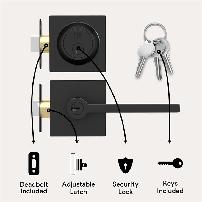 Mega Handles Prime Entrance Combo, Entry Lever Door Handle and Single Cylinder Deadbolt Lock and Key Combo Pack, Heavy Duty Square Locking Door Levers Set for Left or Right-Handed Doors - Matte Black