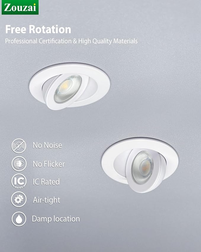 zouzai 2 Inch Adjustable Mini LED Gimbal Light, 5CCT Selectable, 360° Rotation & 90° Tilt for Precise Lighting, Accent or Ambient Illumination in Kitchen, Living Room, Cabinet (White, 12 Pack)