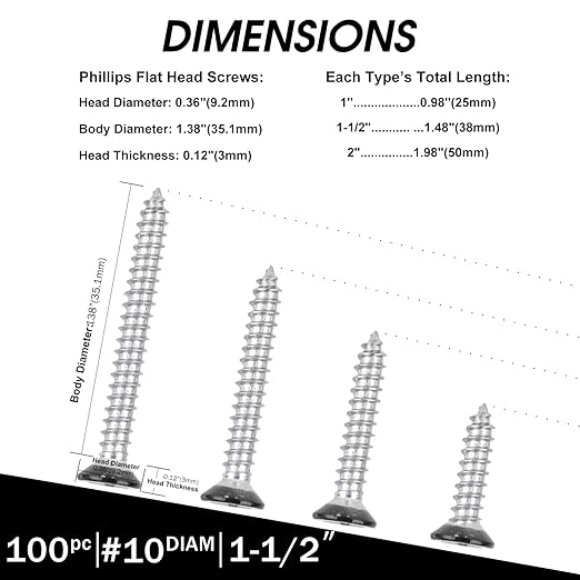 Black Head 100 PCS #10X1-1/2"(1.5 inch) Stainless Steel Phillips Flat Head Wood Screws,Stainless Steel 18-8 A2(304) Screw,Home Screw Kit by QISHENG